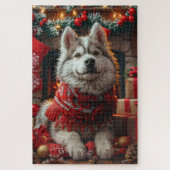 Alaskan Malamute met kerstcadeaus open haard Legpuzzel (Verticaal)