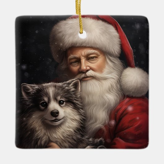 Alaskan Malamute met Kerstman Kerstmis Keramisch Ornament (Voorkant)