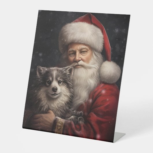 Alaskan Malamute met Kerstman Kerstmis Reclamebord Met Voetstuk (Voorkant)