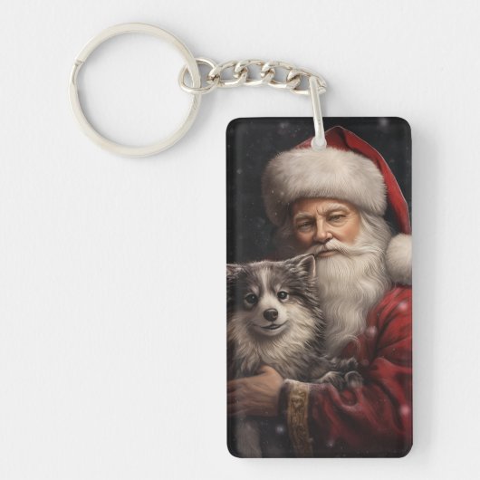 Alaskan Malamute met Kerstman Kerstmis Sleutelhanger (Voorkant)