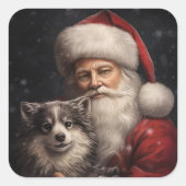 Alaskan Malamute met Kerstman Kerstmis Vierkante Sticker (Voorkant)