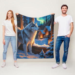 Alaskan Malamute met kerstverlichting Vakantie  Fleece Deken