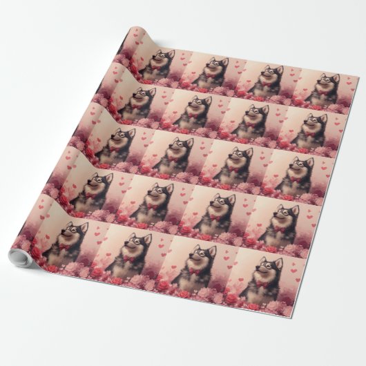 Alaskan Malamute met rozen - Valentijnsdag Cadeaupapier (Uitgerold)