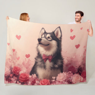 Alaskan Malamute met Rozen - Valentijnsdag Fleece Deken