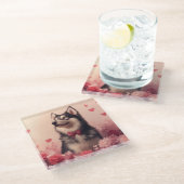 Alaskan Malamute met Rozen - Valentijnsdag Glazen Onderzetter (Schuin)