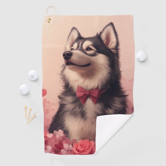 Alaskan Malamute met Rozen - Valentijnsdag Golfhanddoek (Insitu)