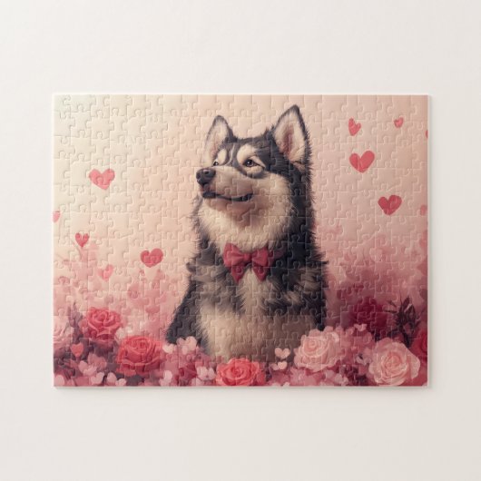 Alaskan Malamute met Rozen - Valentijnsdag  Legpuzzel (Horizontaal)