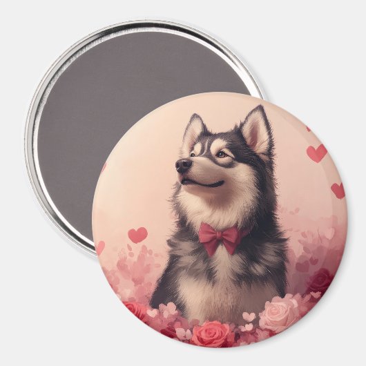 Alaskan Malamute met Rozen - Valentijnsdag Magneet (Voorkant / Achterkant)