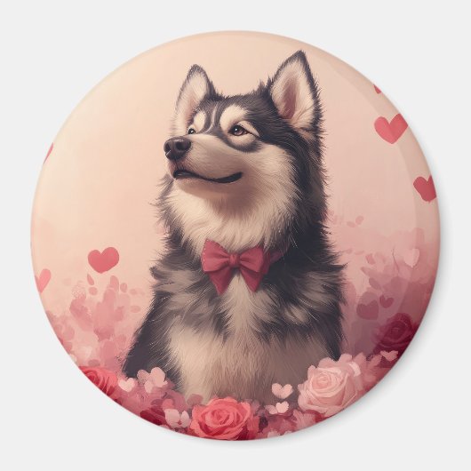 Alaskan Malamute met Rozen - Valentijnsdag Magneet (Voorkant)