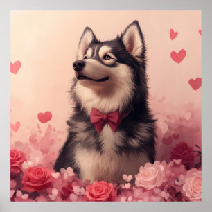 Alaskan Malamute met Rozen - Valentijnsdag Poster