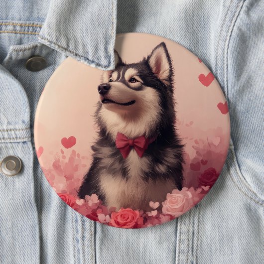 Alaskan Malamute met Rozen - Valentijnsdag Ronde Button 6,0 Cm (In situ)