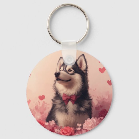 Alaskan Malamute met Rozen - Valentijnsdag  Sleutelhanger (Voorkant)