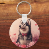 Alaskan Malamute met Rozen - Valentijnsdag  Sleutelhanger (Achterkant)