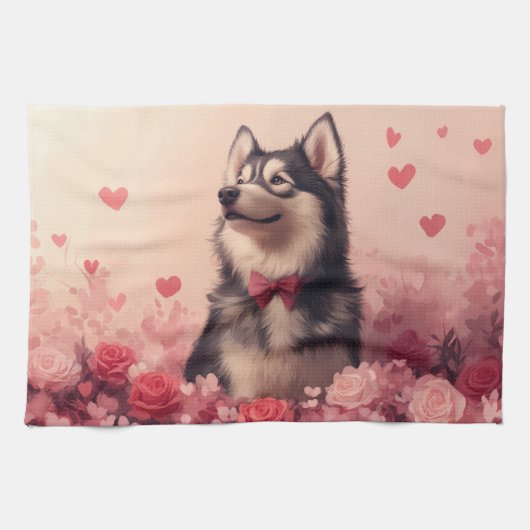 Alaskan Malamute met Rozen - Valentijnsdag Theedoek (Horizontaal)