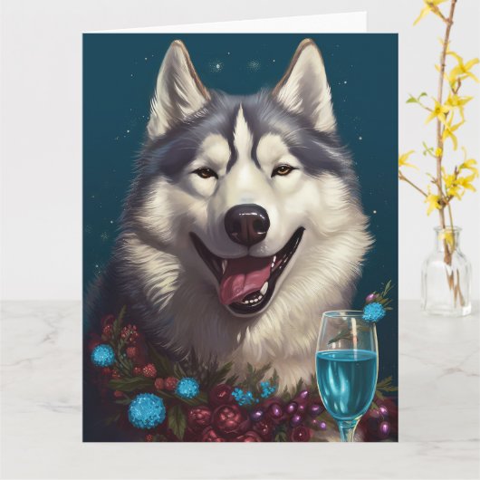 Alaskan Malamute Nieuwjaar Kaart (Gele Bloem)