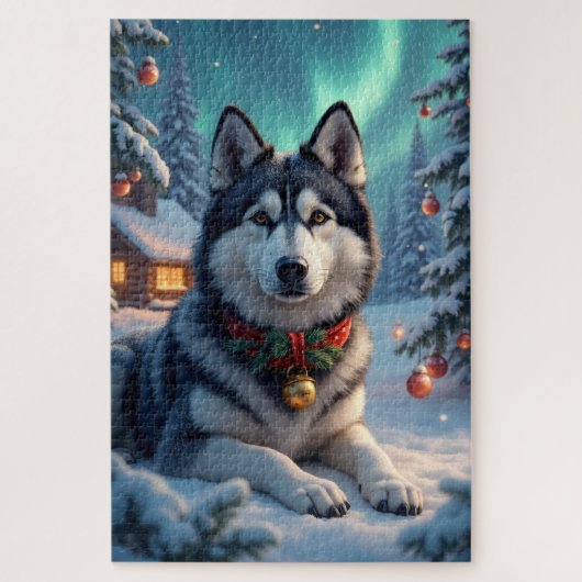 Alaskan Malamute Noorderlicht Kerstmis Legpuzzel (Verticaal)