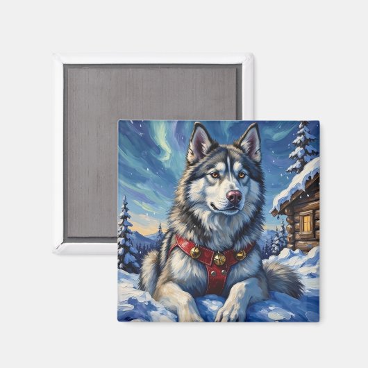 Alaskan Malamute North Pole Winter Christmas Magneet (Voorkant / Achterkant)