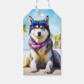 Alaskan Malamute op Beach, zomercadeau Cadeaulabel (Voorkant)