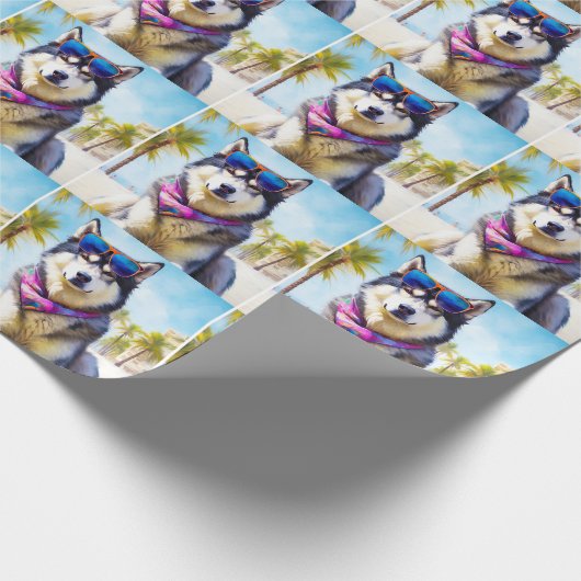 Alaskan Malamute op Beach, zomercadeau Cadeaupapier (Hoek)