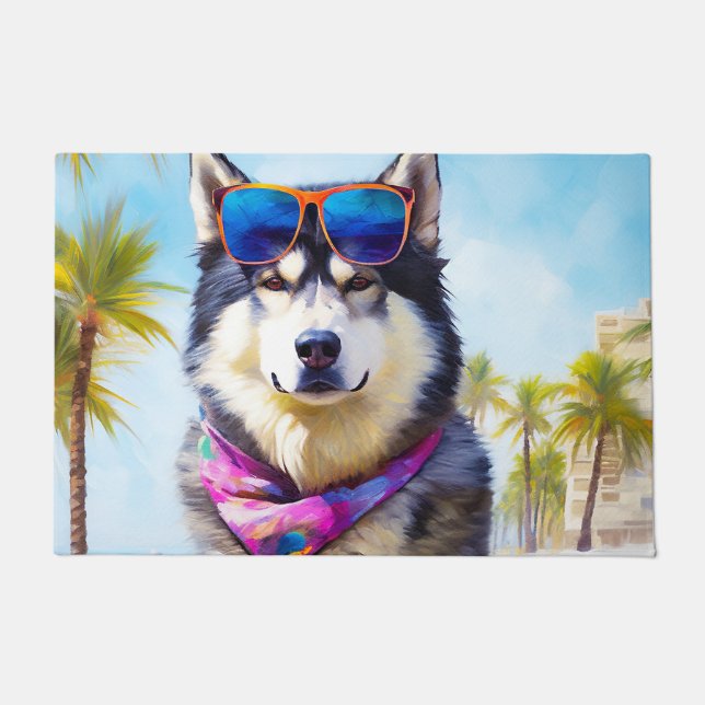 Alaskan Malamute op Beach, zomercadeau Deurmat (Voorkant)
