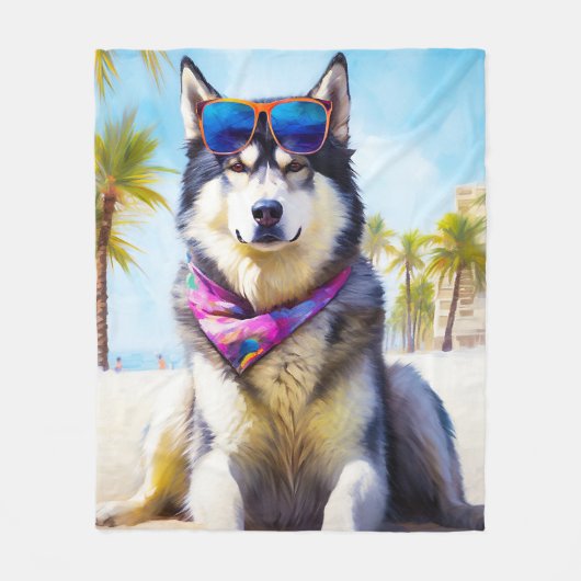 Alaskan Malamute op Beach, zomercadeau Fleece Deken (Voorkant)
