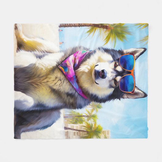 Alaskan Malamute op Beach, zomercadeau Fleece Deken (Voorkant (Horizontaal))