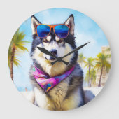 Alaskan Malamute op Beach, zomercadeau Grote Klok (Voorkant)