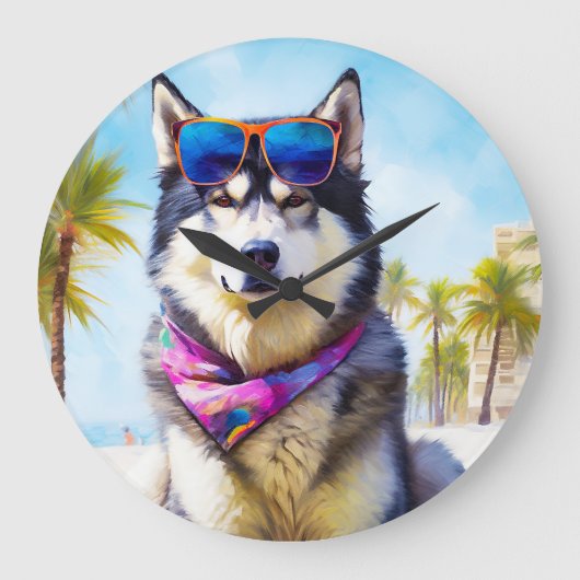 Alaskan Malamute op Beach, zomercadeau Grote Klok (Voorkant)