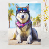 Alaskan Malamute op Beach, zomercadeau Kaart (Gele Bloem)