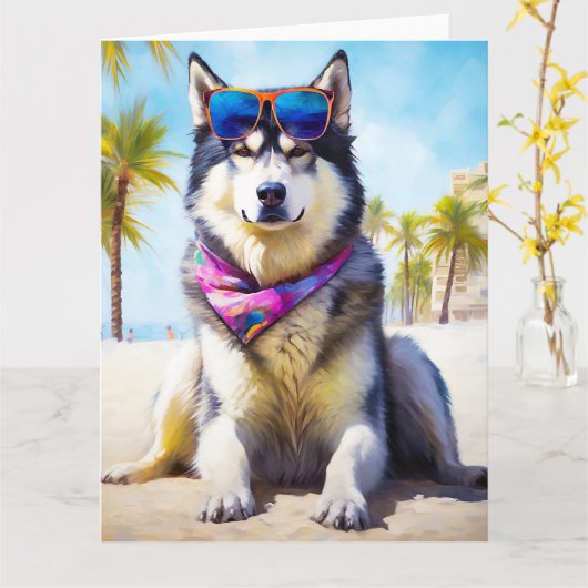 Alaskan Malamute op Beach, zomercadeau Kaart (Gele Bloem)