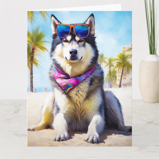 Alaskan Malamute op Beach, zomercadeau Kaart (Voorkant)