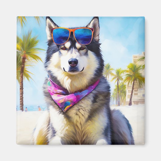 Alaskan Malamute op Beach, zomercadeau Magneet (Voorkant)