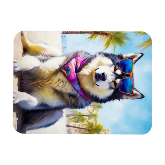 Alaskan Malamute op Beach, zomercadeau Magneet (Horizontaal)