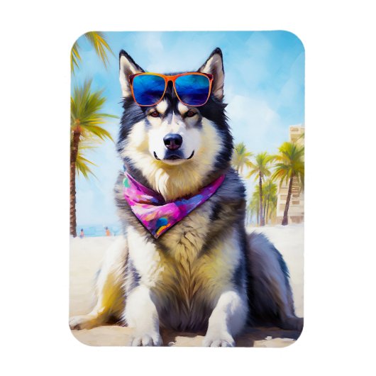 Alaskan Malamute op Beach, zomercadeau Magneet (Verticaal)