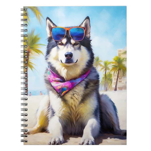 Alaskan Malamute op Beach, zomercadeau Notitieboek (Voorkant)