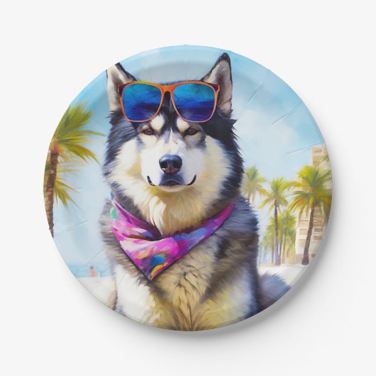 Alaskan Malamute op Beach, zomercadeau Papieren Bordje (Voorkant)