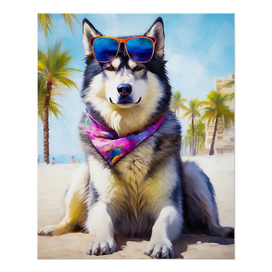 Alaskan Malamute op Beach, zomercadeau Perfect Poster (Voorkant)