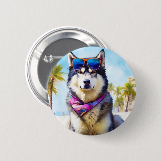 Alaskan Malamute op Beach, zomercadeau Ronde Button 5,7 Cm (Voorkant /achterkant)