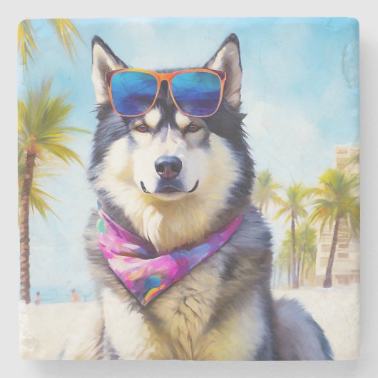 Alaskan Malamute op Beach, zomercadeau Stenen Onderzetter (Voorkant)