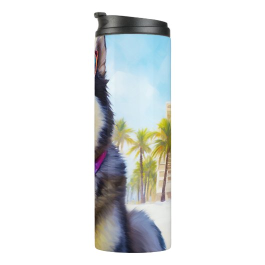 Alaskan Malamute op Beach, zomercadeau Thermosbeker (Geroteerd rechts)