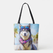 Alaskan Malamute op Beach, zomercadeau Tote Bag (Achterkant)