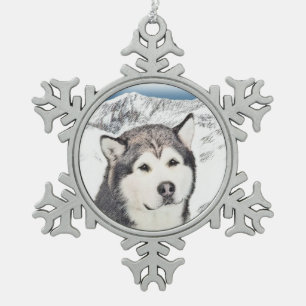 Alaskan Malamute Painting - Cute Original Dog Art Tin Sneeuwvlok Ornament