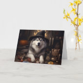 Alaskan Malamute Pumpkins Halloween Scary Kaart (Gele Bloem)