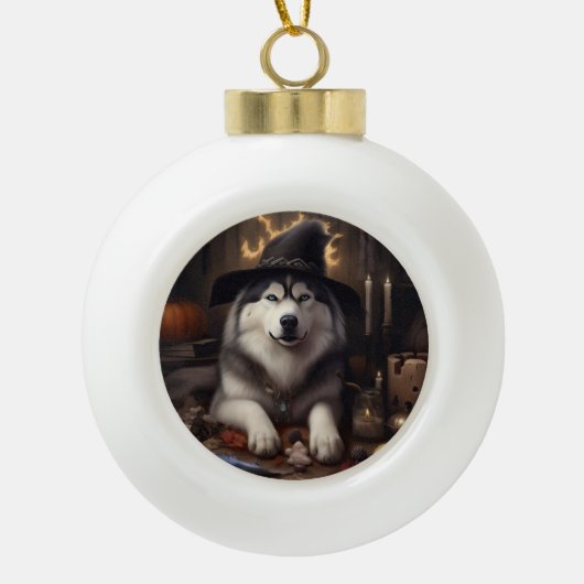 Alaskan Malamute Pumpkins Halloween Scary Keramische Bal Ornament (Voorkant)