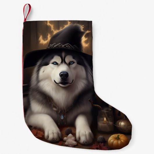 Alaskan Malamute Pumpkins Halloween Scary Kleine Kerstsok (Voorkant)