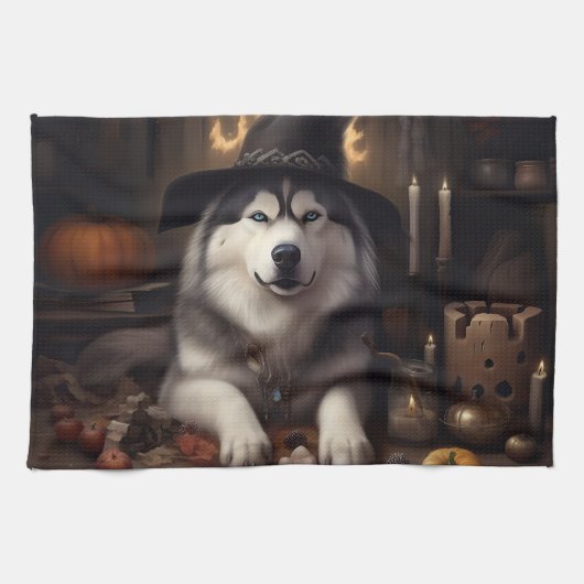 Alaskan Malamute Pumpkins Halloween Scary Theedoek (Horizontaal)