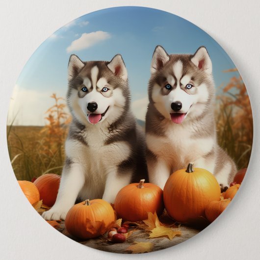 Alaskan Malamute Puppy Herfst Delight Pompoen Ronde Button 6,0 Cm (Voorkant)