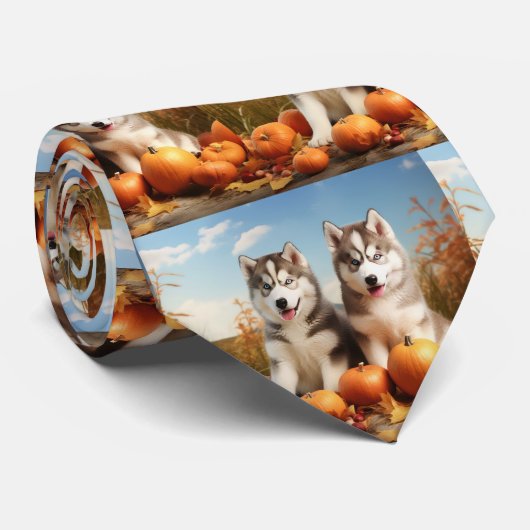 Alaskan Malamute Puppy Herfst Delight Pompoen Stropdas (Opgerold)