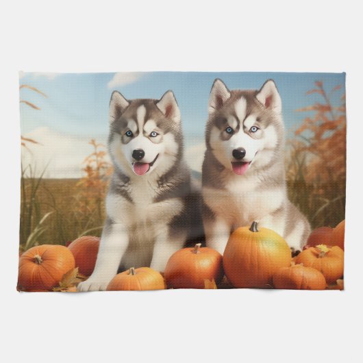 Alaskan Malamute Puppy Herfst Delight Pompoen Theedoek (Horizontaal)