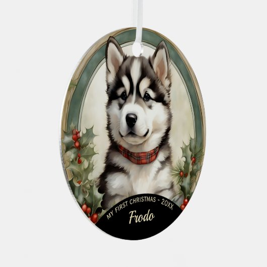Alaskan Malamute Puppy's Eerste Kerst Ornament (Voorkant Rechts)